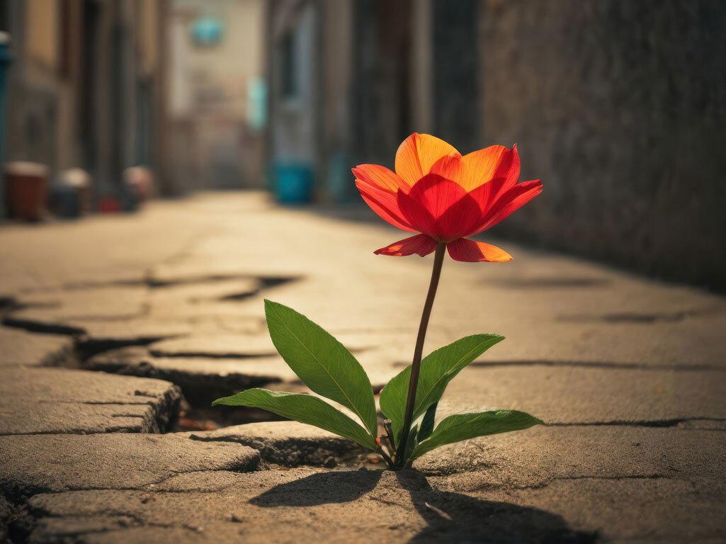 Flower growing in crack in pavement